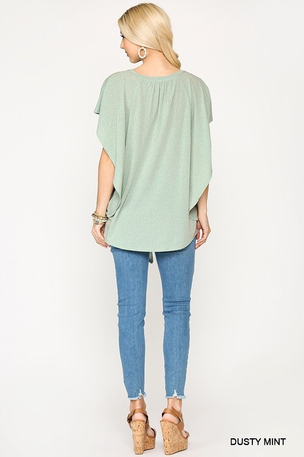 Leopard Jacquard Knit Jersey Top With Front Tie, Ruffled Sleeve - Deals Kiosk