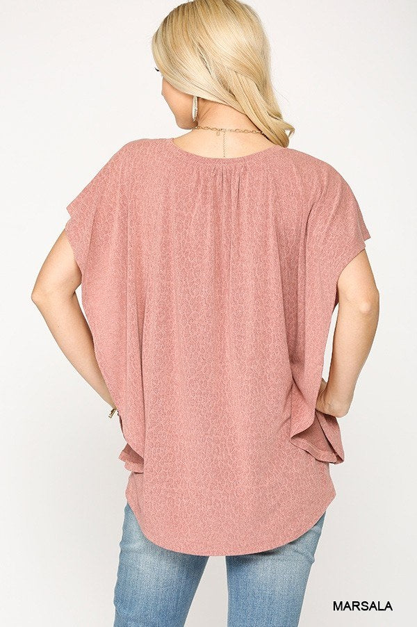 Leopard Jacquard Knit Jersey Top With Front Tie, Ruffled Sleeve - Deals Kiosk