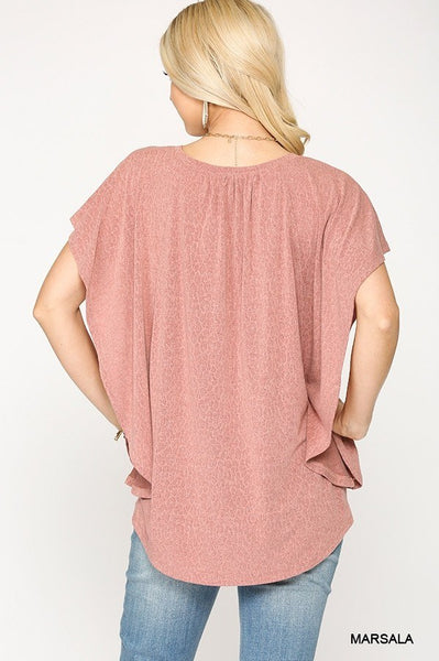 Leopard Jacquard Knit Jersey Top With Front Tie, Ruffled Sleeve - Deals Kiosk