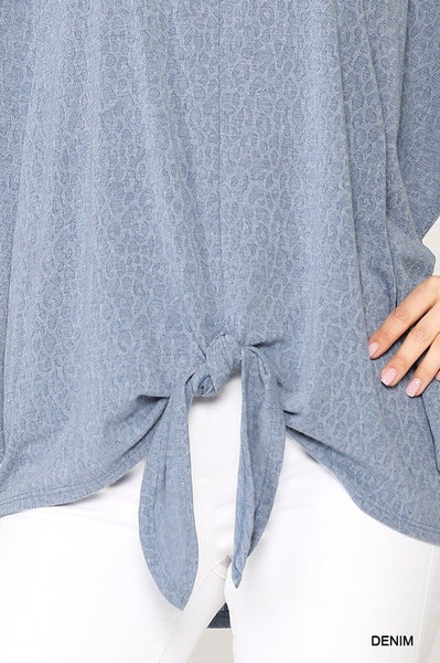 Leopard Jacquard Knit Jersey Top With Front Tie, Ruffled Sleeve - Deals Kiosk