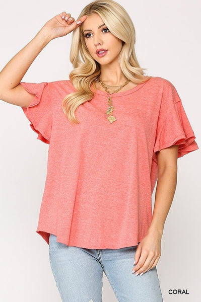 Solid Round Neck Frill Sleeve Top With Scoop Hem - Deals Kiosk