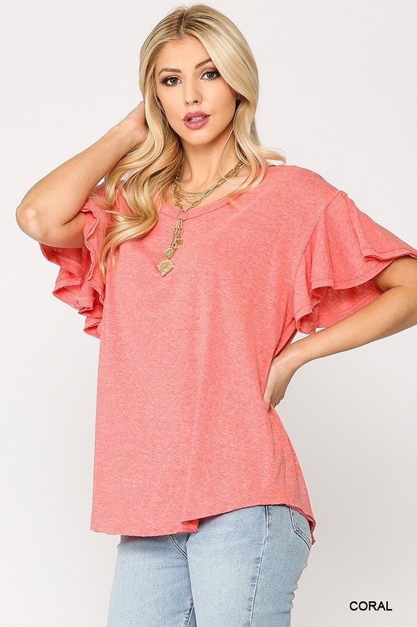 Solid Round Neck Frill Sleeve Top With Scoop Hem - Deals Kiosk