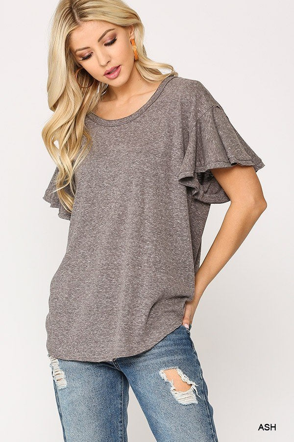 Solid Round Neck Frill Sleeve Top With Scoop Hem - Deals Kiosk