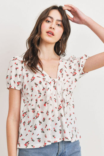 Front Tie Floral Waffle Top - Deals Kiosk
