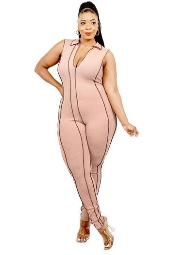 Plus Sleeveless Knitted Overlock Stitch Jumpsuit - Deals Kiosk