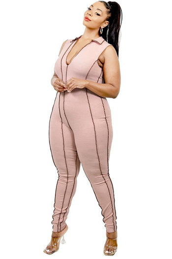 Plus Sleeveless Knitted Overlock Stitch Jumpsuit - Deals Kiosk