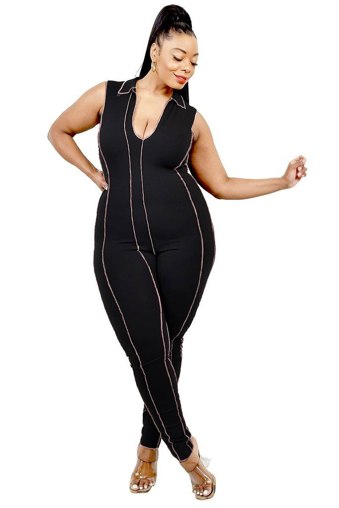 Plus Sleeveless Knitted Overlock Stitch Jumpsuit - Deals Kiosk