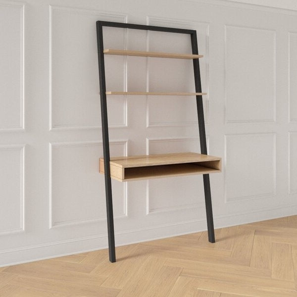 Farmhouse Rustic Oak Black Leaning Ladder Writing Desk 2 Shelves - Deals Kiosk