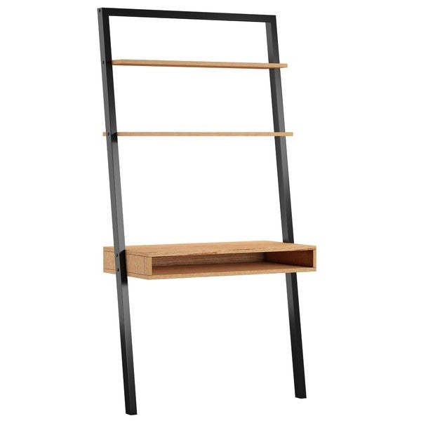 Farmhouse Rustic Oak Black Leaning Ladder Writing Desk 2 Shelves - Deals Kiosk