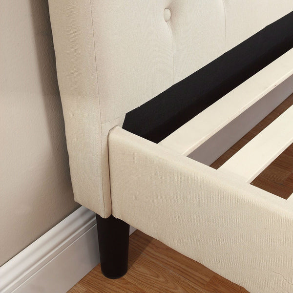 Full size Ivory Linen Upholstered Platform Bed with Button Tufted Padded Headboard - Deals Kiosk