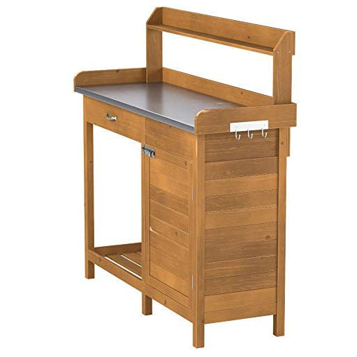 Outdoor Home Garden Potting Bench with Metal Table Top and Storage Cabinet - Deals Kiosk