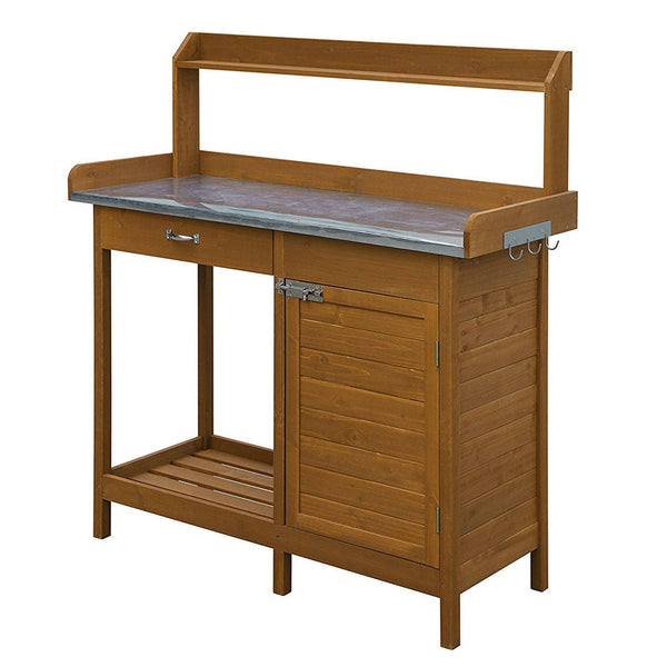 Outdoor Home Garden Potting Bench with Metal Table Top and Storage Cabinet - Deals Kiosk