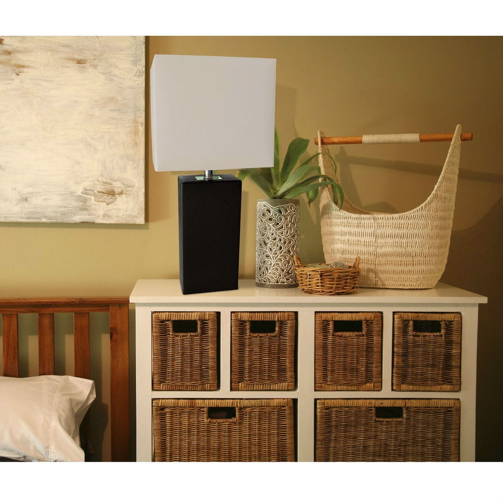 Contemporary Black Leather Table Lamp with White Fabric Shade - Deals Kiosk