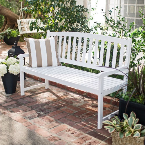 5-Ft Wood Garden Bench with Curved Slat Back and Armrests in White - Deals Kiosk