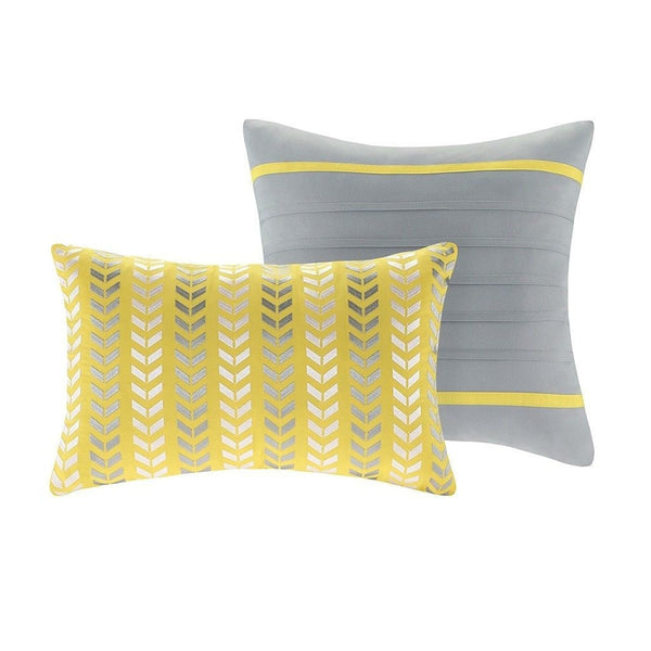Full/Queen 5-Piece Chevron Stripes Comforter Set in Gray White Yellow - Deals Kiosk