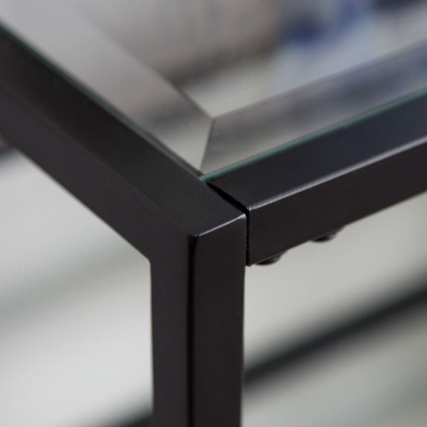 Black Steel Frame Console Table with Tempered Glass Top and Mirror Shelf - Deals Kiosk