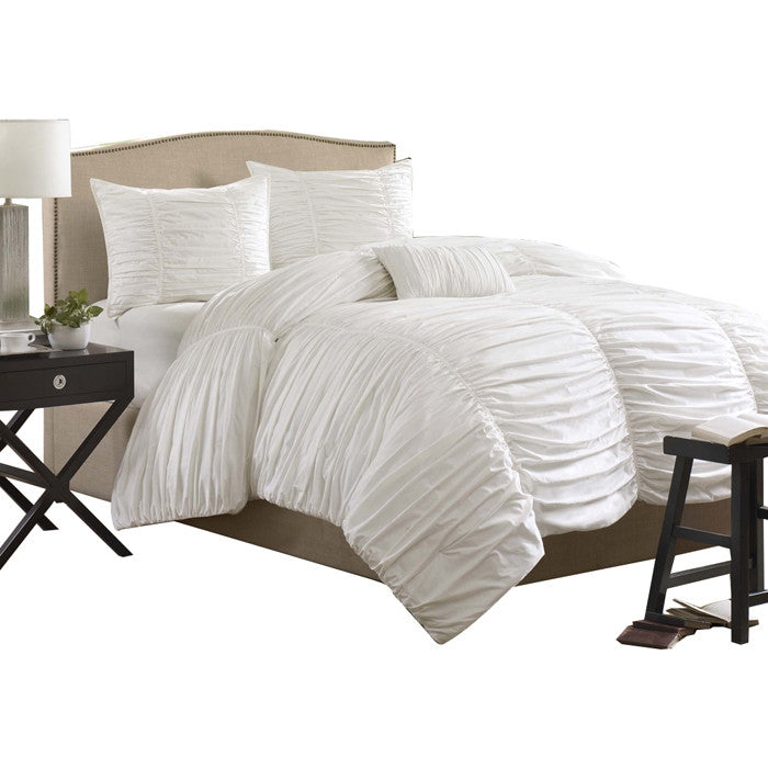 King size 4 Piece Comforter Set in Rouched White Cotton & Microsuede - Deals Kiosk