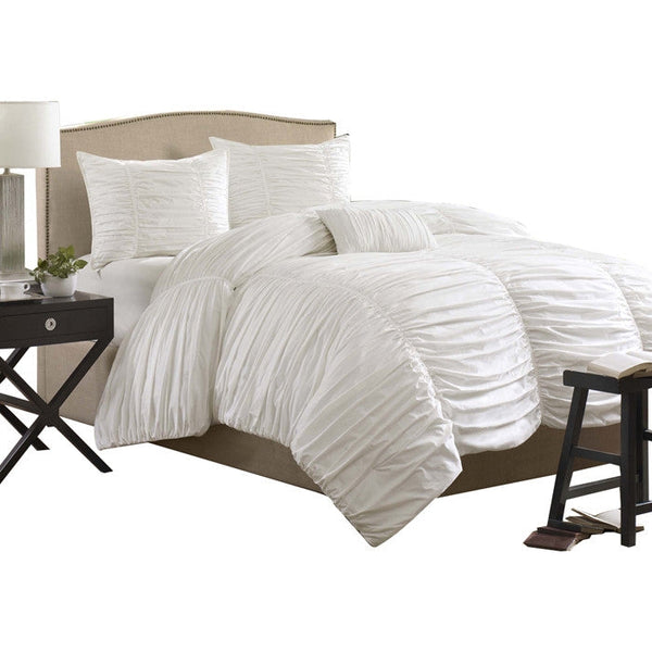 King size 4 Piece Comforter Set in Rouched White Cotton & Microsuede - Deals Kiosk