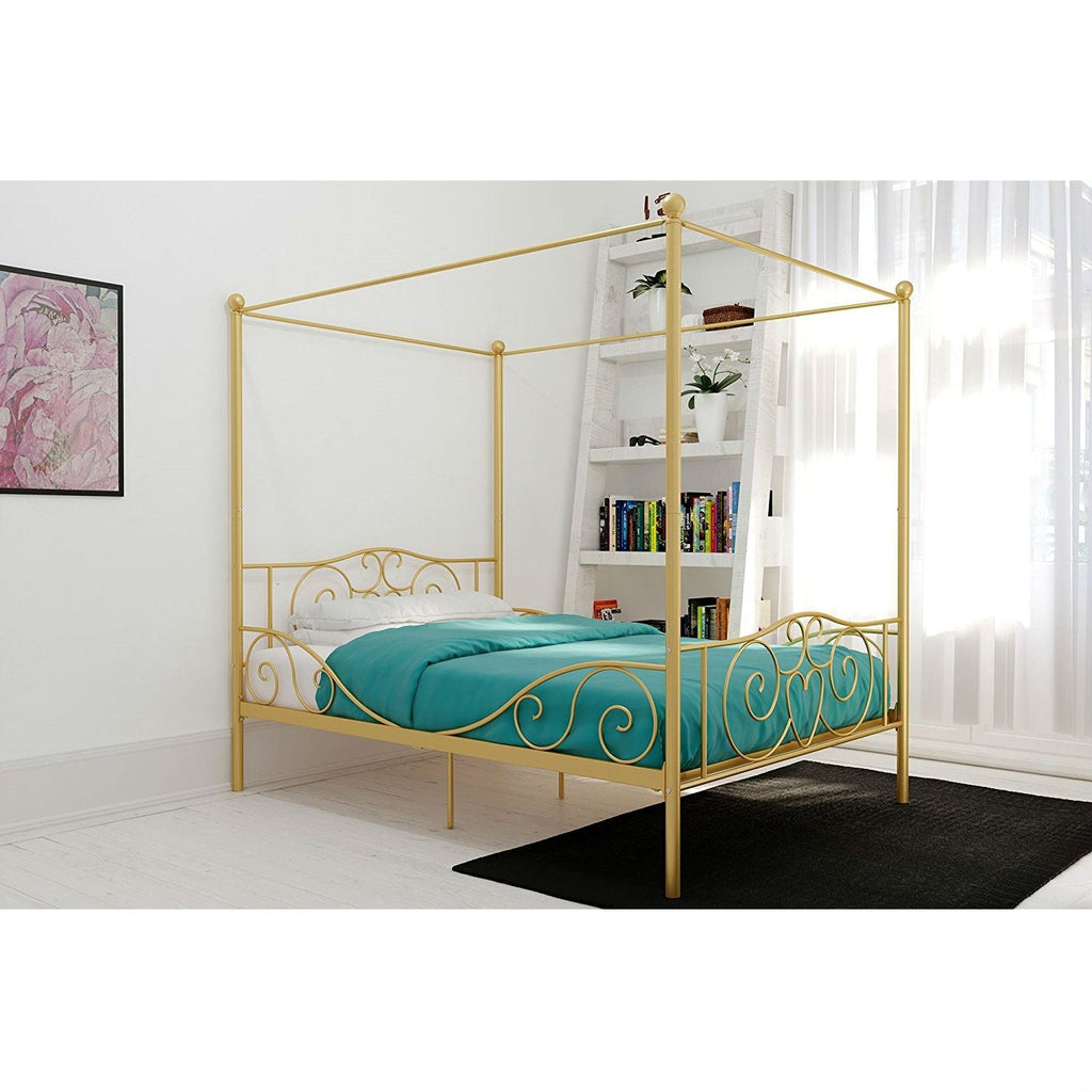 Full size Heavy Duty Metal Canopy Bed Frame in Gold Finish - Deals Kiosk