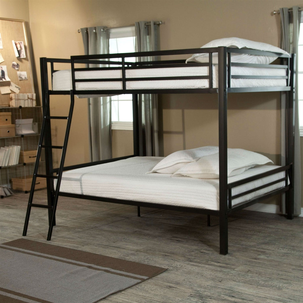 Full over Full Bunk Bed with Ladder and Safety Rails in Black Metal Finish - Deals Kiosk