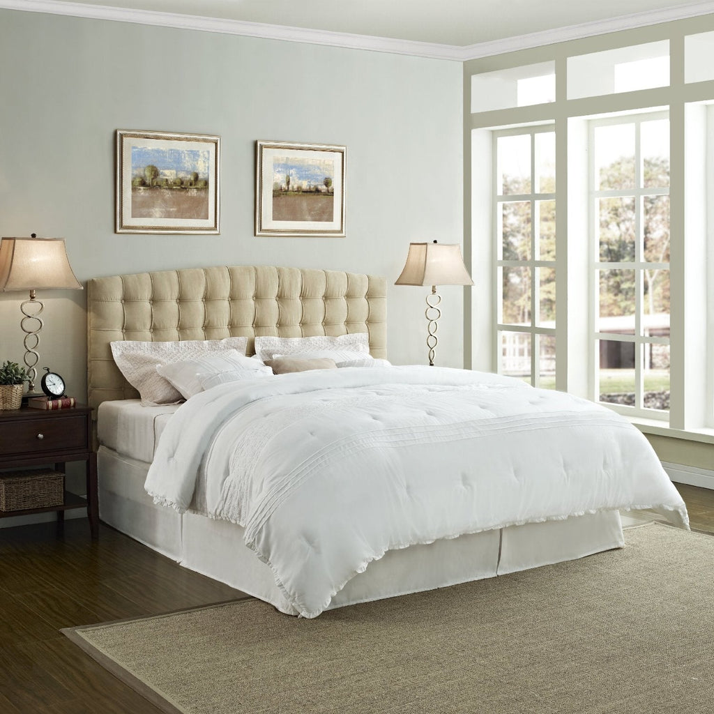 King size Button Tufted Padded Headboard Upholstered in Beige Microfiber - Deals Kiosk
