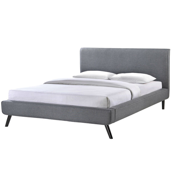 Full size Mid Century Platform Bed with Gray Upholstered Headboard - Deals Kiosk