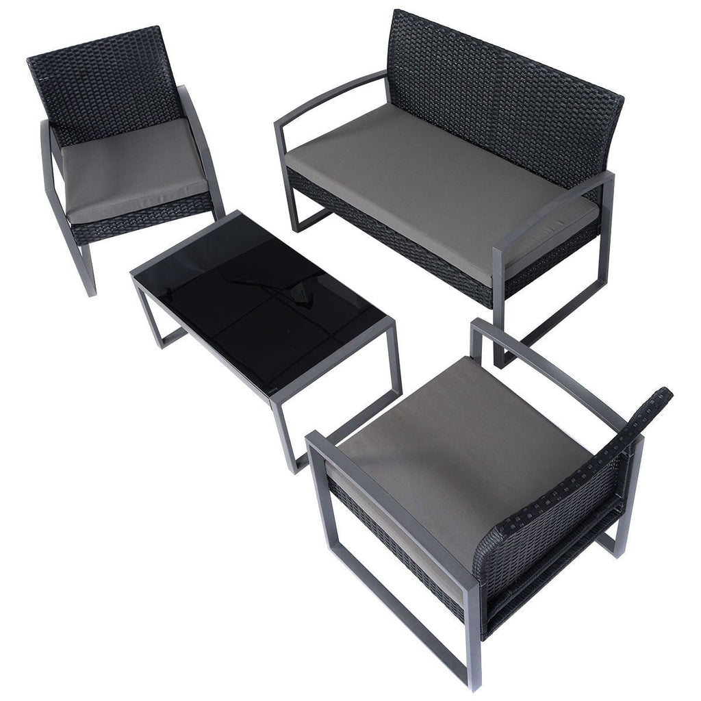 4 Piece Black / Gray Complete Patio Rattan Set with Matching Table - Deals Kiosk