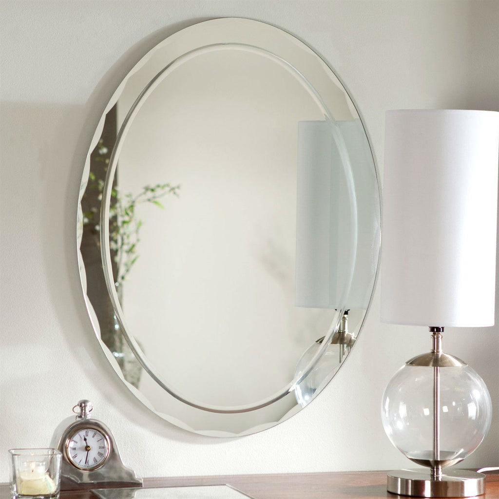 Oval Frameless Bathroom Vanity Wall Mirror with Beveled Edge Scallop Border - Deals Kiosk