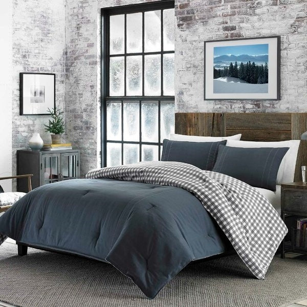 King size 100% Cotton Reverse Plaid Gray/White Comforter Set - Deals Kiosk