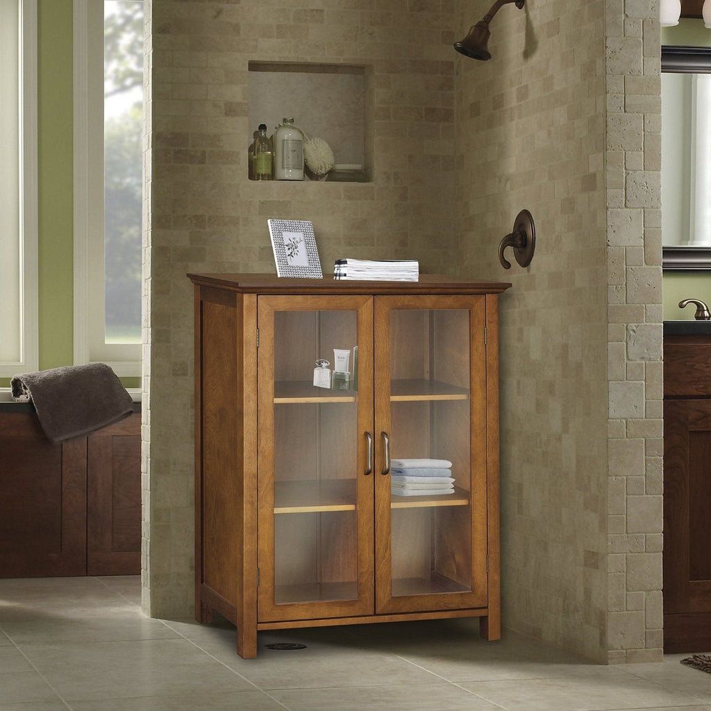 Oak Finish Bathroom Floor Cabinet with 2 Glass Doors & Storage Shelves - Deals Kiosk