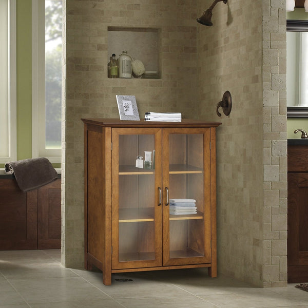 Oak Finish Bathroom Floor Cabinet with 2 Glass Doors & Storage Shelves - Deals Kiosk