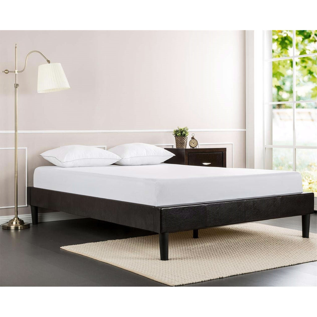 Full size Modern Espresso Faux Leather Platform Bed Frame with Wood Slats - Deals Kiosk