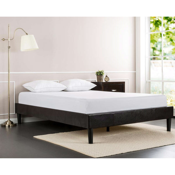 Full size Modern Espresso Faux Leather Platform Bed Frame with Wood Slats - Deals Kiosk