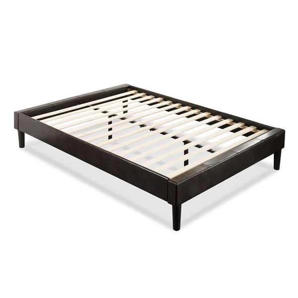 Full size Modern Espresso Faux Leather Platform Bed Frame with Wood Slats - Deals Kiosk