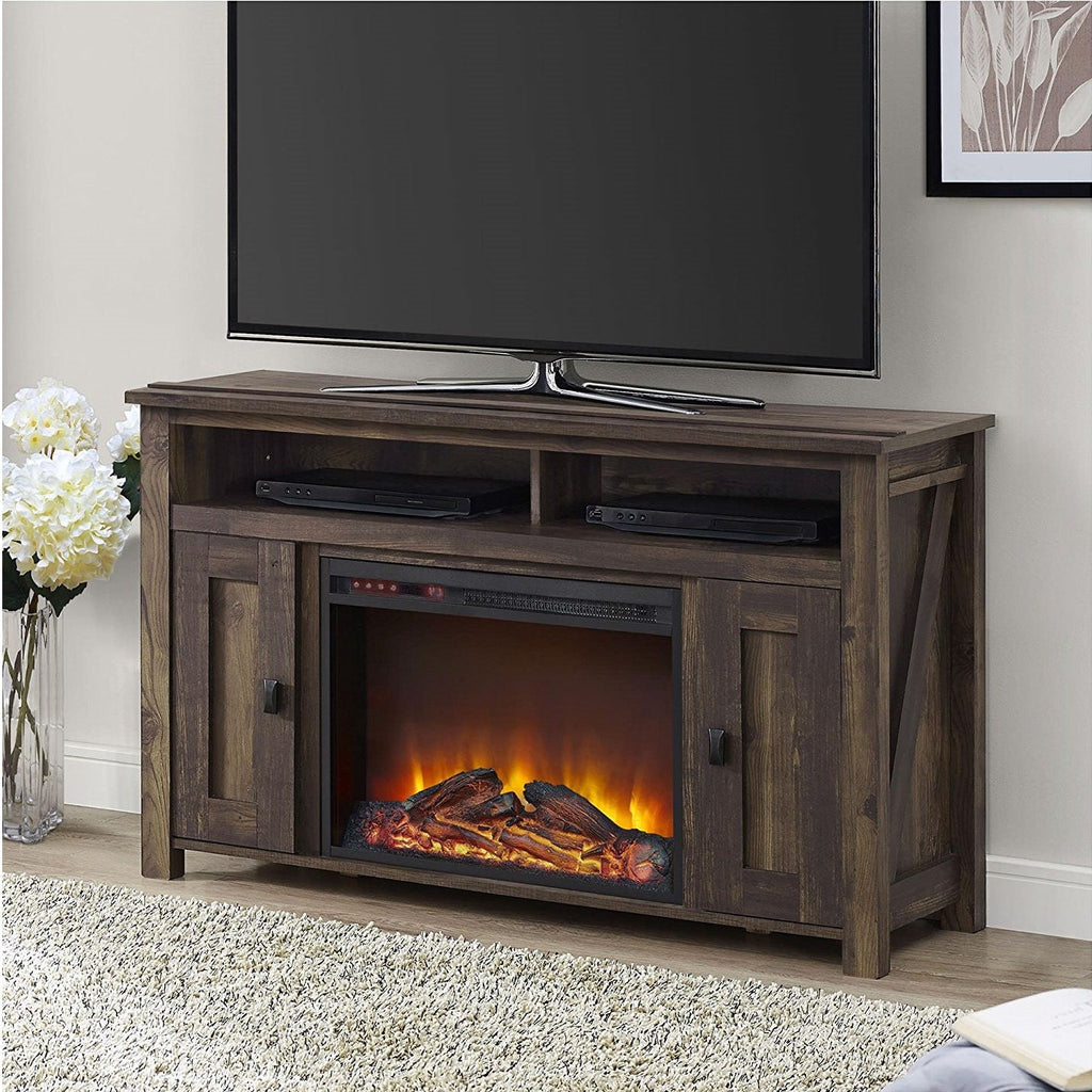 50-inch TV Stand in Medium Brown Wood with 1,500 Watt Electric Fireplace - Deals Kiosk