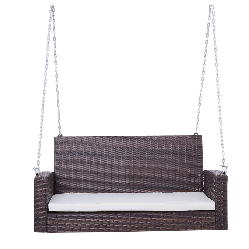 Espresso Wicker Porch Swing 7ft Hanging Chain with Cream Padded Cushion - Deals Kiosk