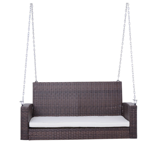 Espresso Wicker Porch Swing 7ft Hanging Chain with Cream Padded Cushion - Deals Kiosk