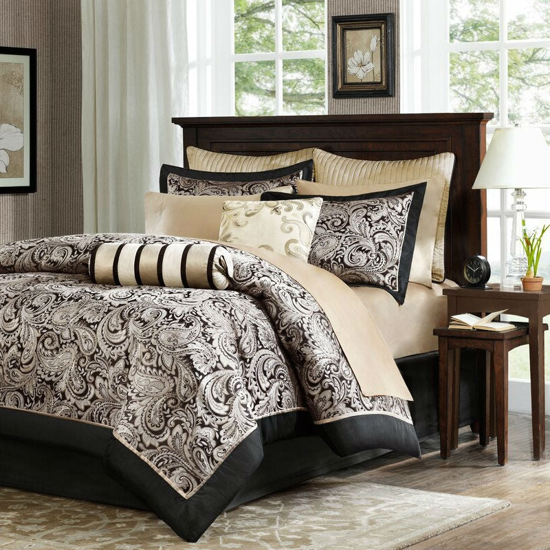 Full 100-Percent Cotton 12-Piece Reversible Paisley Comforter Set in Black Gold - Deals Kiosk