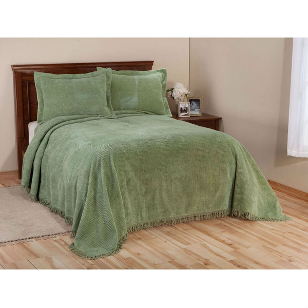 Full size Sage Green Cotton Chenille Bedspread with Fringe Edge - Deals Kiosk