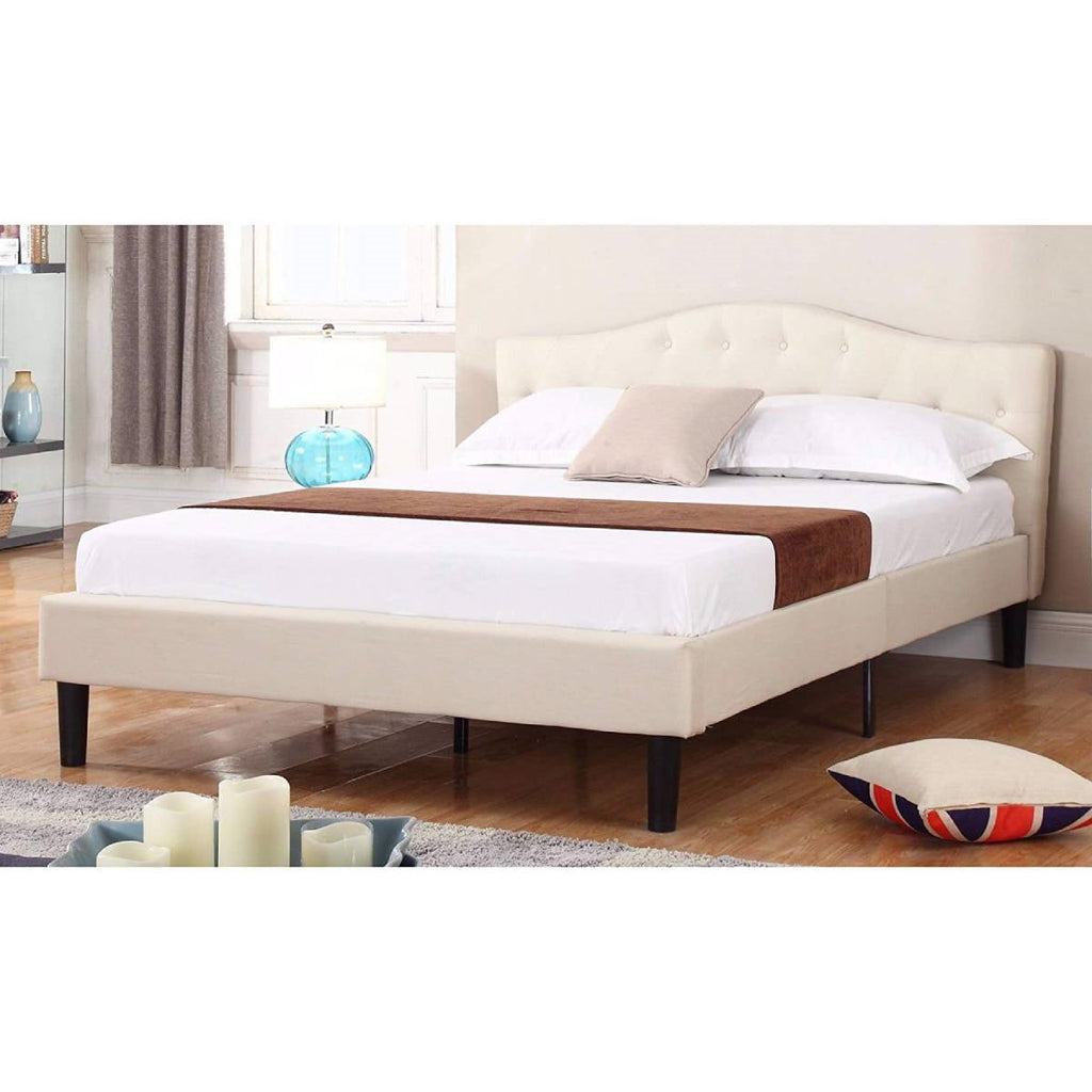 Full size Modern Classic Upholstered Platform Bed with Ivory Linen Padded Headboard - Deals Kiosk