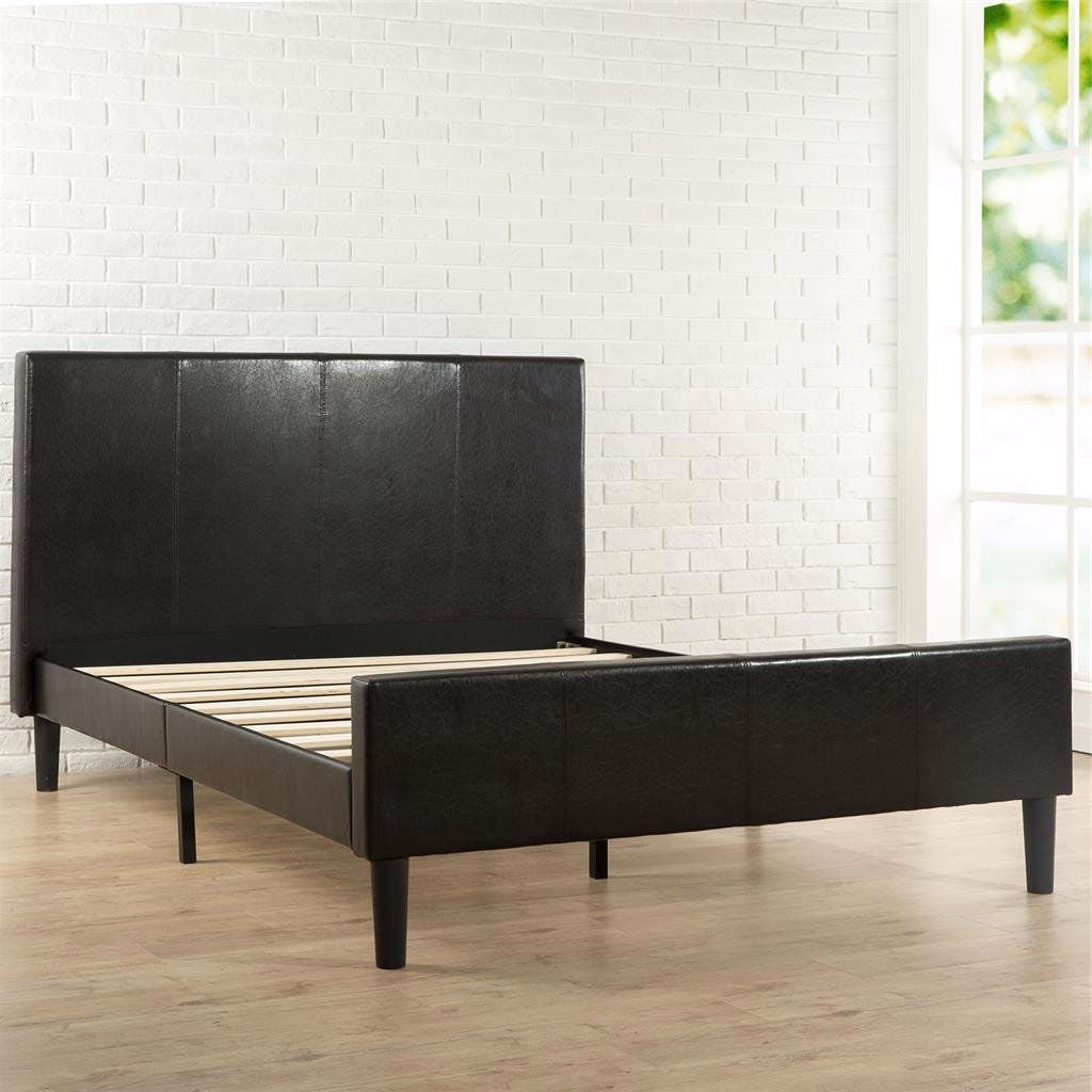 Full size Espresso Brown Faux Leather Platform Bed with Upholstered Headboard and Footboard - Deals Kiosk