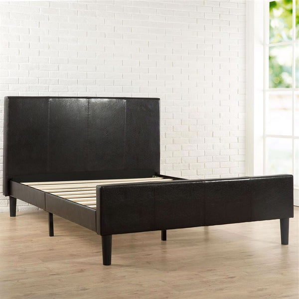 Full size Espresso Brown Faux Leather Platform Bed with Upholstered Headboard and Footboard - Deals Kiosk