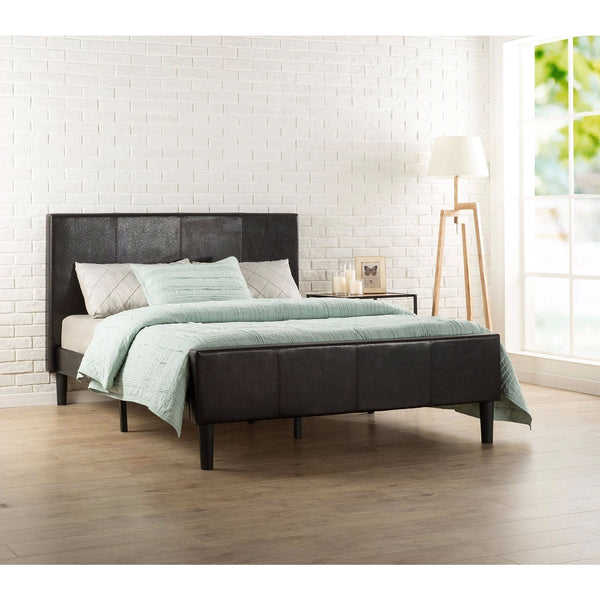 Full size Espresso Brown Faux Leather Platform Bed with Upholstered Headboard and Footboard - Deals Kiosk