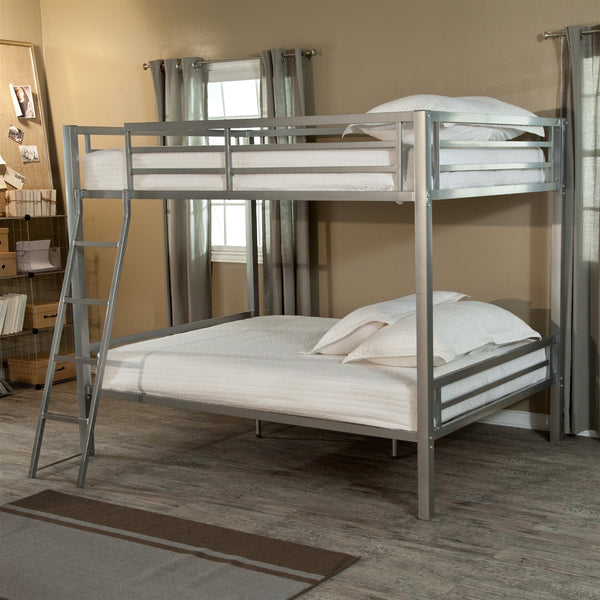 Full over Full size Bunk Bed with Ladder in Silver Metal Finish - Deals Kiosk
