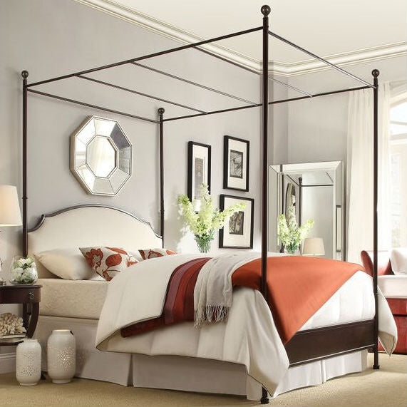 Full size Metal Canopy Bed with Cream White Linen Upholstered Headboard - Deals Kiosk
