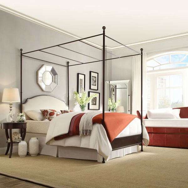 Full size Metal Canopy Bed with Cream White Linen Upholstered Headboard - Deals Kiosk