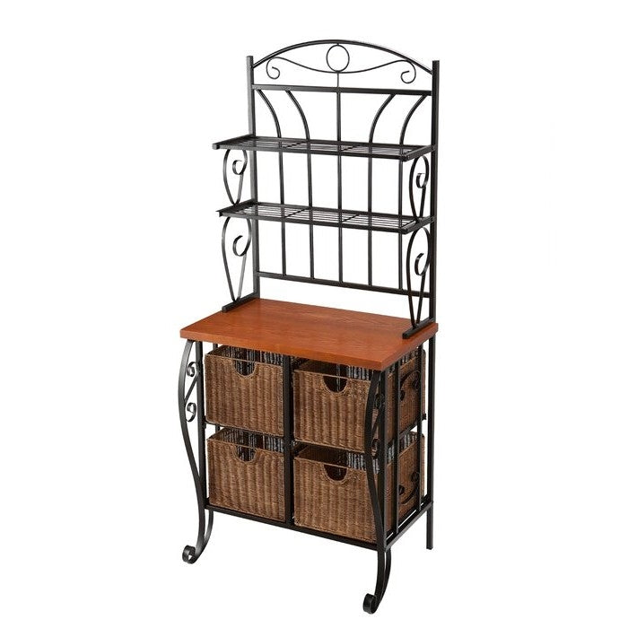 Farmhouse 4 Basket Stainless Steel Wood Top Kitchen Baker's Rack