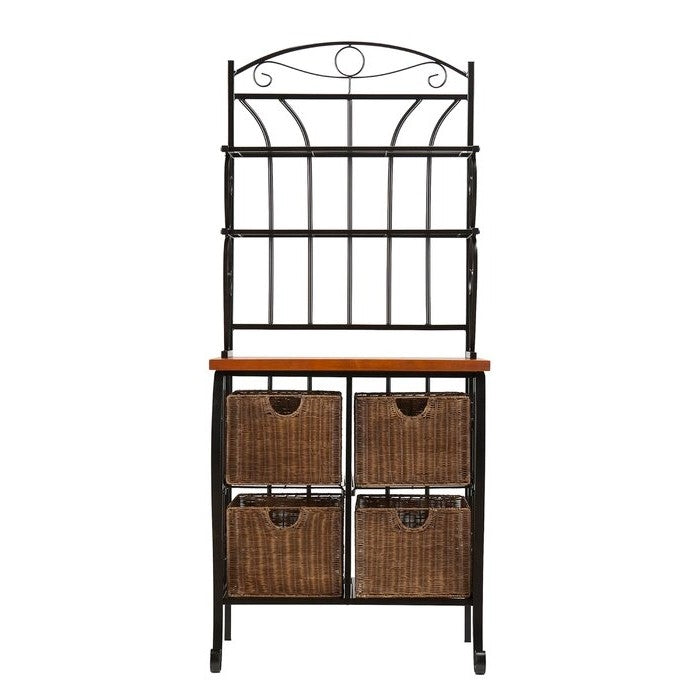 Farmhouse 4 Basket Stainless Steel Wood Top Kitchen Baker's Rack - Deals Kiosk