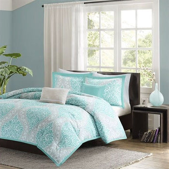 Full / Queen Teal Turquoise Aqua Blue and White Damask Comforter Set - Deals Kiosk