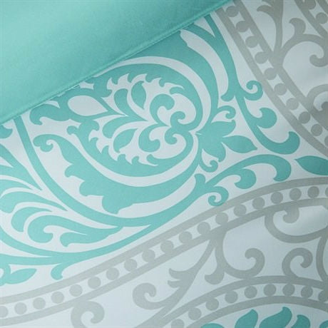 Full / Queen Teal Turquoise Aqua Blue and White Damask Comforter Set - Deals Kiosk